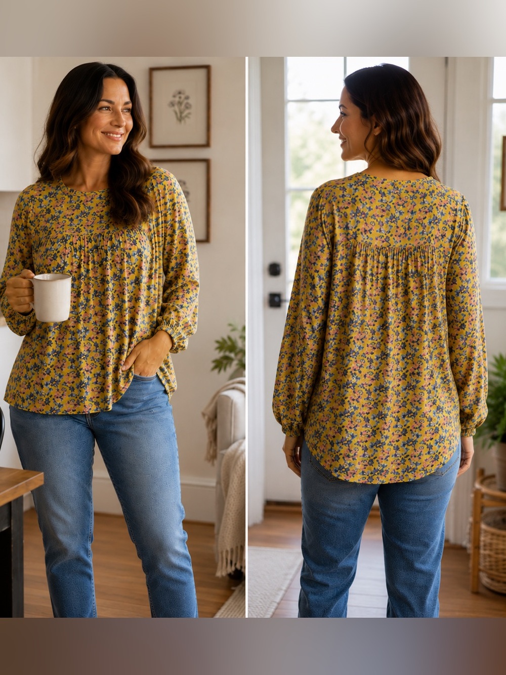 D&Co Denim & Co. Yellow Floral Blouse Top Size L Boho Cottagecore